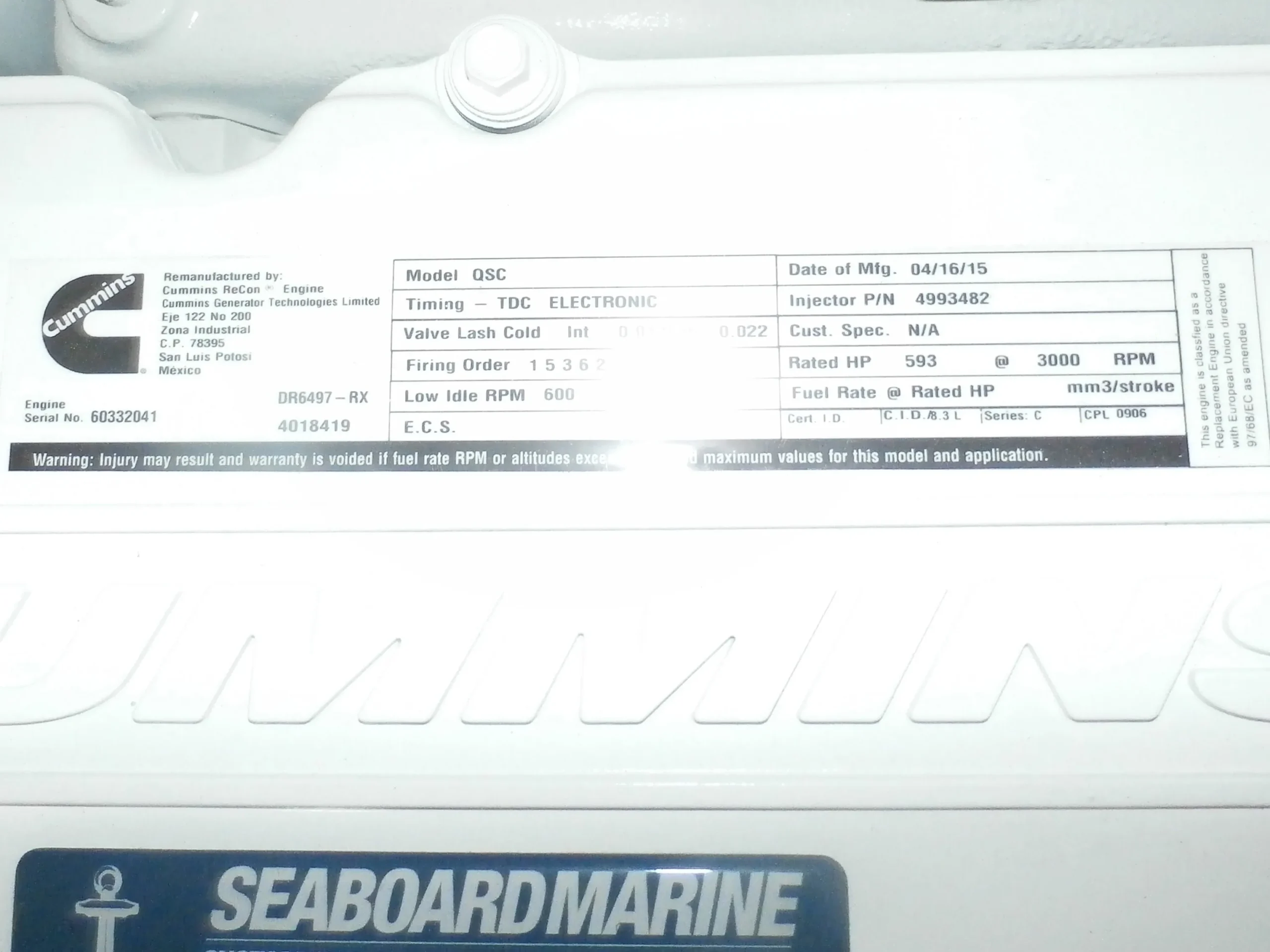 Cummins QSC 8.3L Marine Engine Serial Number (ESN)